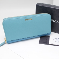 良品 PRADA プラダ ラウンドファスナー長財布 1M0506 サフィアーノ ストライプ 水色×青