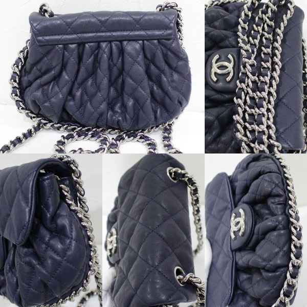 美品 シャネル CHANEL チェーンショルダー ミニマトラッセ サテン シルバー金具 紺色2